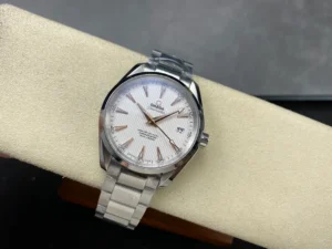 Watch on a display cushion, full bracelet, white and rose tone Aqua Terra