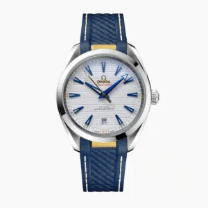 Omega Aqua Terra rubber strap replica 220.12.41.21.03.009, white teak dial, blue hands, blue rubber strap
