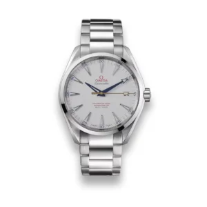 Omega Aqua Terra white dial replica 231.10.42.21.02.002, white teak dial, blue hands, red Omega logo