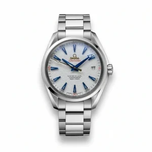 Omega Aqua Terra white textured dial replica 231.10.42.21.02.005, dimpled white dial, blue hands, red script