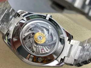 Display caseback with a gold tone James Bond plate on the rotor