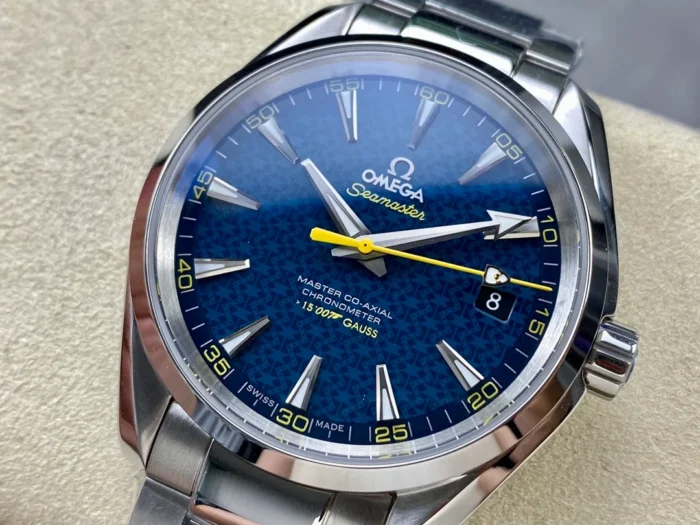 Patterned blue dial from the right, date at 3