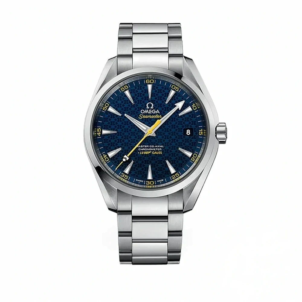 Omega Aqua Terra Spectre replica 231.10.42.21.03.004, blue patterned dial, yellow seconds hand, date at 3