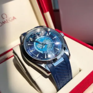 Omega Aqua Terra Worldtimer 220.12.43.22.03.001 in the box, angled