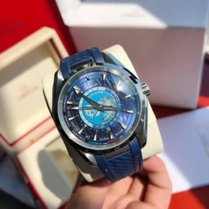 Blue worldtimer dial in hand at an angle