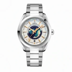Omega Aqua Terra Worldtimer replica 220.10.43.22.03.001, white city ring, blue and green world map