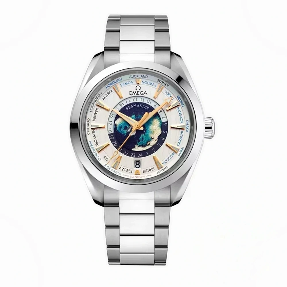 Omega Aqua Terra Worldtimer replica 220.10.43.22.03.001, white city ring, blue and green world map