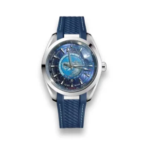 Omega Aqua Terra Worldtimer rubber strap replica 220.12.43.22.03.001, blue city dial, world map, blue rubber strap