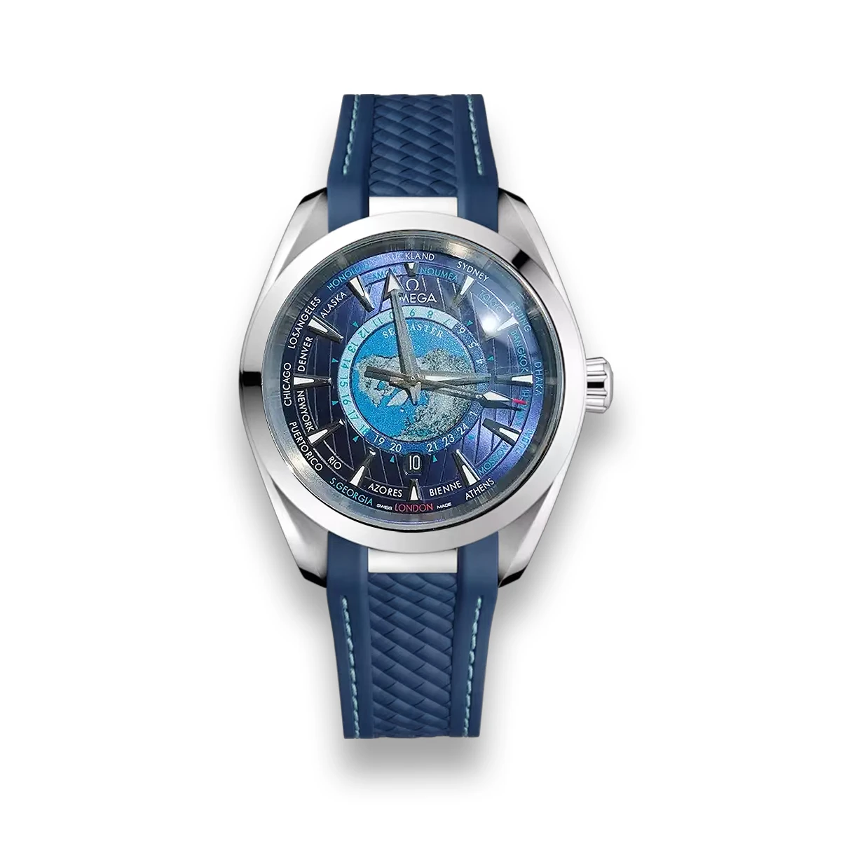 Omega Aqua Terra Worldtimer rubber strap replica 220.12.43.22.03.001, blue city dial, world map, blue rubber strap
