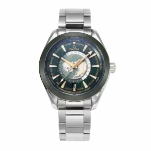 Omega Aqua Terra Worldtimer green replica 220.30.43.22.10.001, green city dial, dark green bezel ring