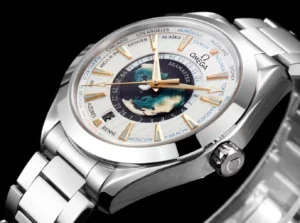 Worldtimer dial angled to the right on black, crown in view
