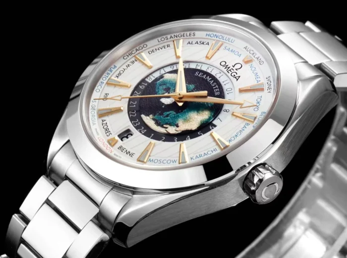 Worldtimer dial angled to the right on black, crown in view