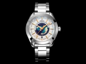 Omega Aqua Terra Worldtimer 220.10.43.22.03.001 on black, front