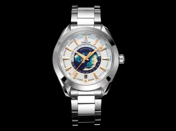 Omega Aqua Terra Worldtimer 220.10.43.22.03.001 on black, front
