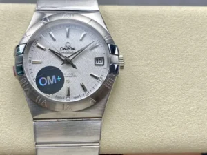 Omega Constellation 123.10.38.21.02.004 on a display cushion, white textured dial facing forward