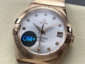 Close-up of the white sunray dial and stone markers in rose gold tone settings, hologram sticker on the crystal