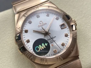 White sunray dial turned to the right, stone markers in rose gold tone settings catching the light