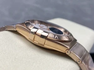 Left side of the rose gold tone 38mm stone model, one of the rose gold tone claws by the bezel