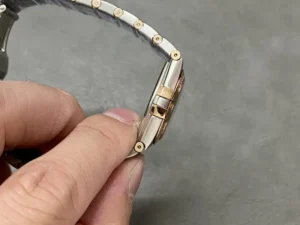 Side profile of the 25mm rose gold tone model, rose gold tone crown