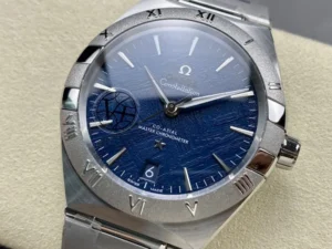 Blue textured dial in a meteorite style from the right on the 41mm blue textured model, date window at 6