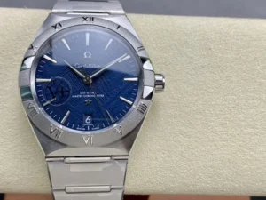 Omega Constellation 131.30.41.21.99.003 on a display cushion, blue textured dial in a meteorite style facing forward