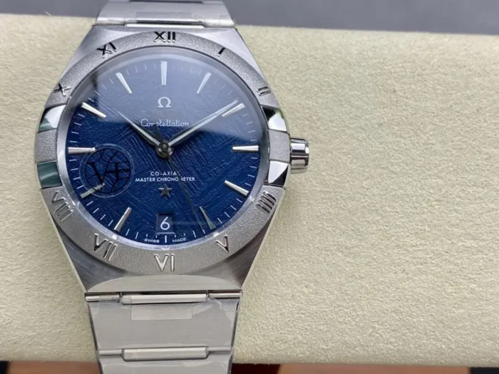 Omega Constellation 131.30.41.21.99.003 on a display cushion, blue textured dial in a meteorite style facing forward