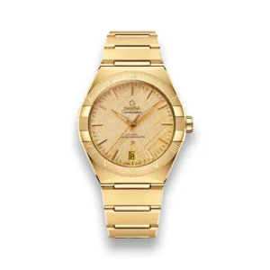 Omega Constellation 131.50.41.21.99.001 replica, front view with a textured gold tone dial and bracelet