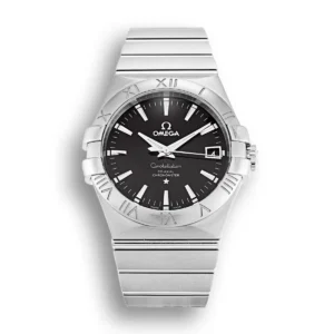 Omega Constellation 38mm black dial replica 123.10.38.21.01.001, silver tone batons, Roman numeral bezel