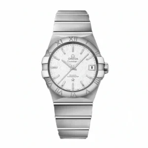 Omega Constellation white dial replica 123.10.38.21.02.004, textured white dial, batons, Roman numeral bezel