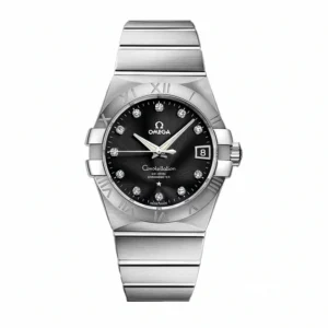 Omega Constellation black dial replica 123.10.38.21.51.001, stone markers, Roman numeral bezel, date at 3