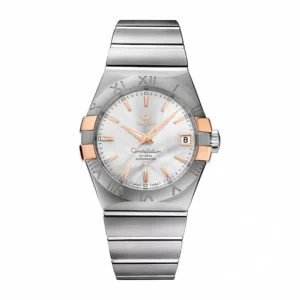 Omega Constellation rose gold claws replica 123.20.38.21.02.004, silver tone case, silver sunray dial, rose tone batons