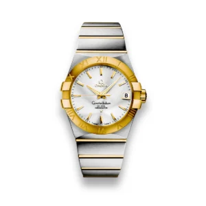 Omega Constellation gold bezel replica 123.20.38.21.02.006, gold tone Roman numeral bezel, textured dial