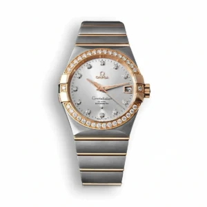 Omega Constellation two tone rose gold replica 123.25.38.21.52.001, stone set bezel, silver dial, date at 3