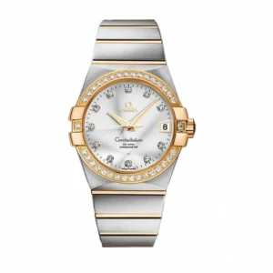Omega Constellation two tone silver dial replica 123.25.38.21.52.002, stone set yellow gold tone bezel