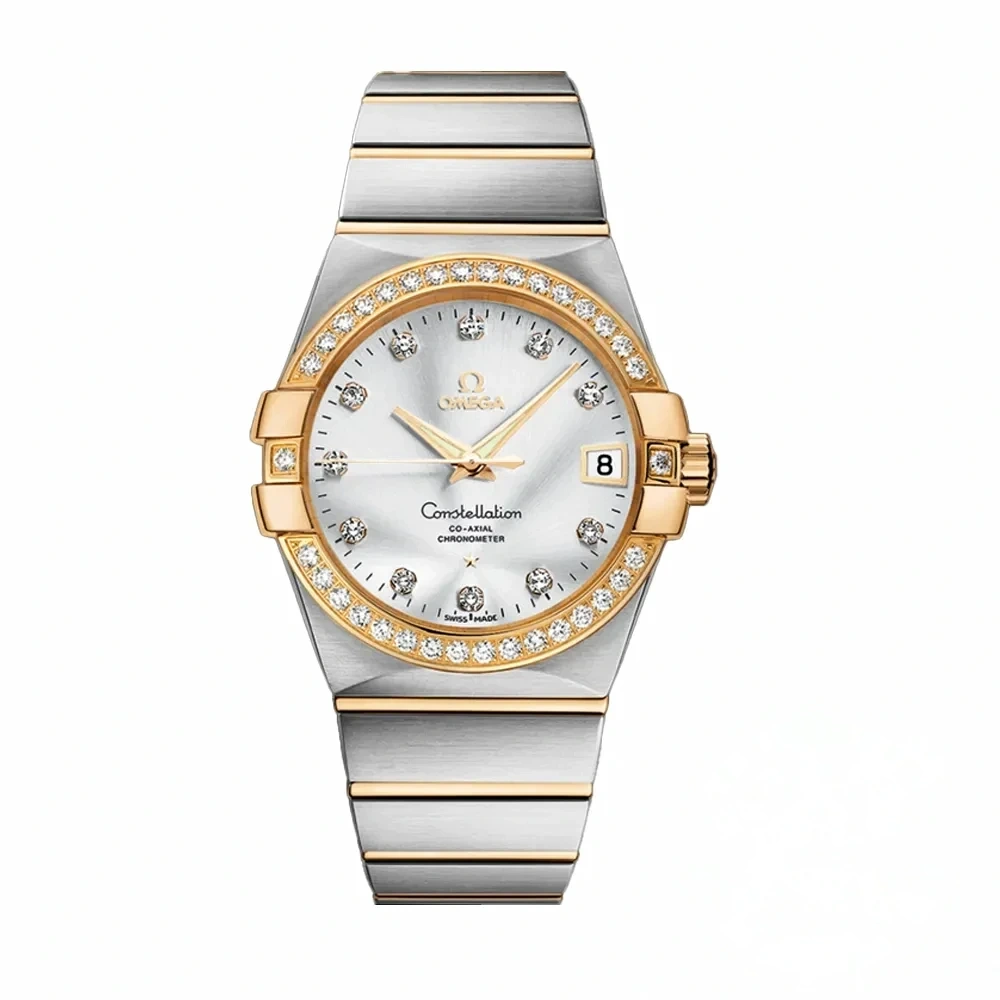 Omega Constellation two tone silver dial replica 123.25.38.21.52.002, stone set yellow gold tone bezel