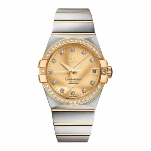 Omega Constellation two tone replica 123.25.38.21.58.001, silver and gold tone, stone set bezel, champagne dial