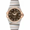 Omega Constellation brown dial replica 123.25.38.21.63.001, rose gold tone stone set bezel and claws