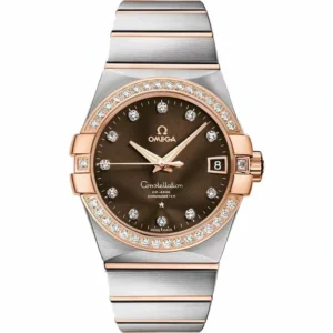 Omega Constellation brown dial replica 123.25.38.21.63.001, rose gold tone stone set bezel and claws