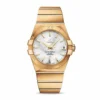 Omega Constellation replica 123.50.38.21.02.001, studio front view with a white sunray dial, baton markers and Roman numeral bezel