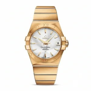 Omega Constellation replica 123.50.38.21.02.001, studio front view with a white sunray dial, baton markers and Roman numeral bezel