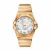 Omega Constellation replica 123.55.38.21.52.007, studio front view with a white dial, stone markers and Roman numeral bezel