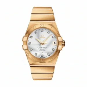 Omega Constellation replica 123.55.38.21.52.007, studio front view with a white dial, stone markers and Roman numeral bezel