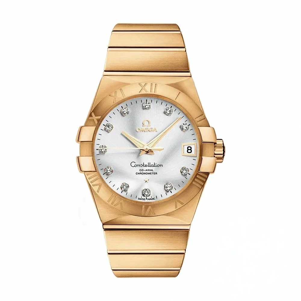 Omega Constellation replica 123.55.38.21.52.007, studio front view with a white dial, stone markers and Roman numeral bezel