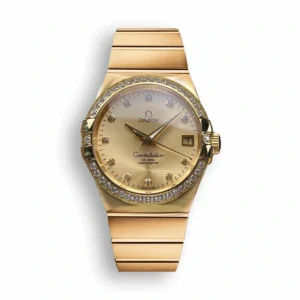 Omega Constellation gold replica 123.55.38.21.58.001, all gold tone, stone set bezel, champagne dial