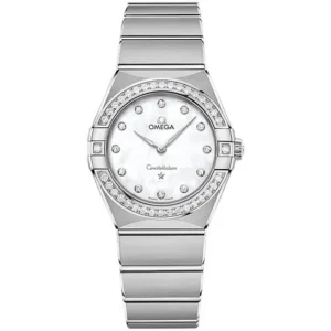 Omega Constellation ladies mother of pearl replica 131.15.25.60.55.001, silver tone with stone set bezel