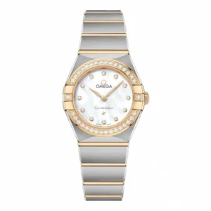 Omega Constellation ladies replica 131.25.25.60.55.002, 25mm two-tone with stone set bezel and mother of pearl dial