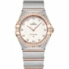 Omega Constellation 25mm rose gold replica 131.25.25.60.55.002, stone set bezel and white dial with stone markers