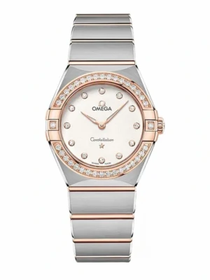 Omega Constellation 25mm rose gold replica 131.25.25.60.55.002, stone set bezel and white dial with stone markers