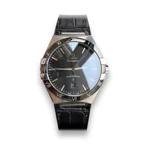 Omega Constellation 39mm replica 131.13.39.20.01.001, black dial, date at 6, black leather strap