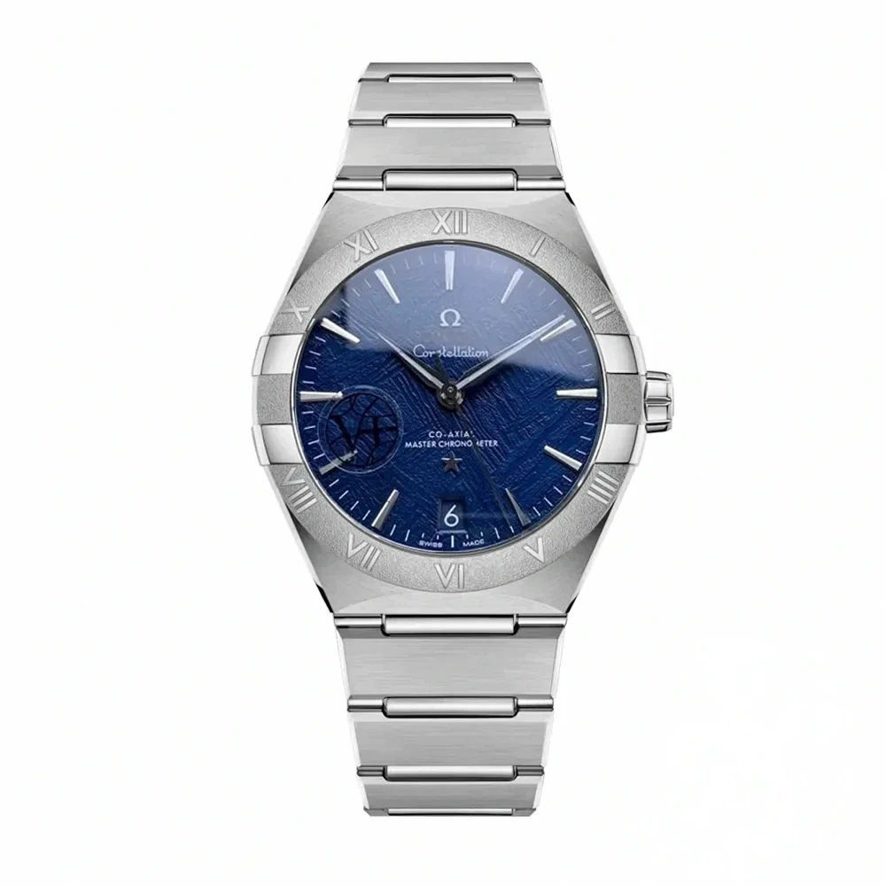 Omega Constellation blue textured dial replica 131.30.41.21.99.003, grained bezel with Roman numerals